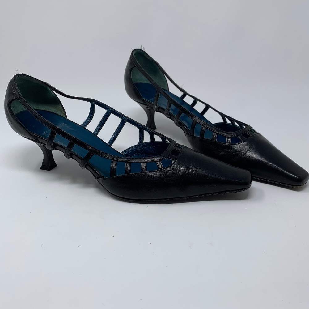 Vera Wang Black Leather Cage Pointed Toe Heels